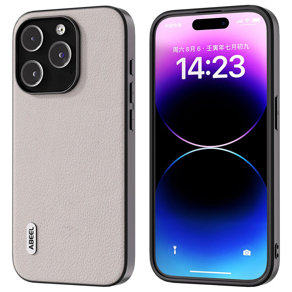 ABEEL For iPhone 15 Pro Max Shockproof Phone Case Genuine Cow Leather+PC+TPU Protective Cover
