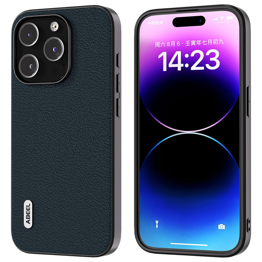 ABEEL For iPhone 15 Pro Max Shockproof Phone Case Genuine Cow Leather+PC+TPU Protective Cover