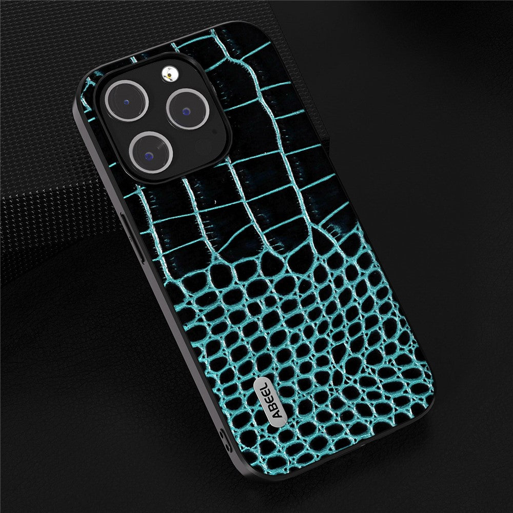 ABEEL For iPhone 15 Pro Max Phone Case Genuine Cow Leather+PC+TPU Crocodile Texture Cover