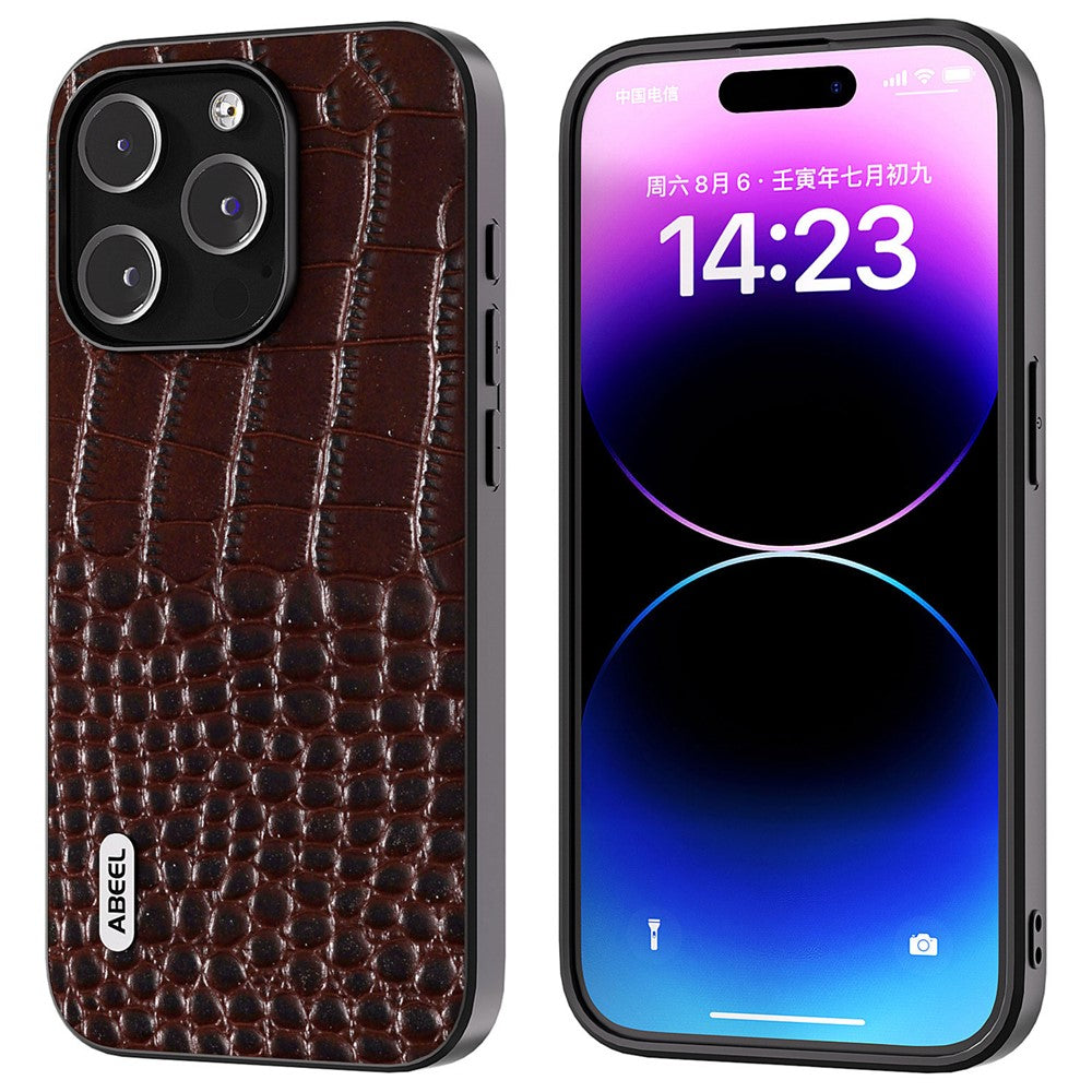 ABEEL For iPhone 15 Pro Max Phone Case Genuine Cow Leather+PC+TPU Crocodile Texture Cover