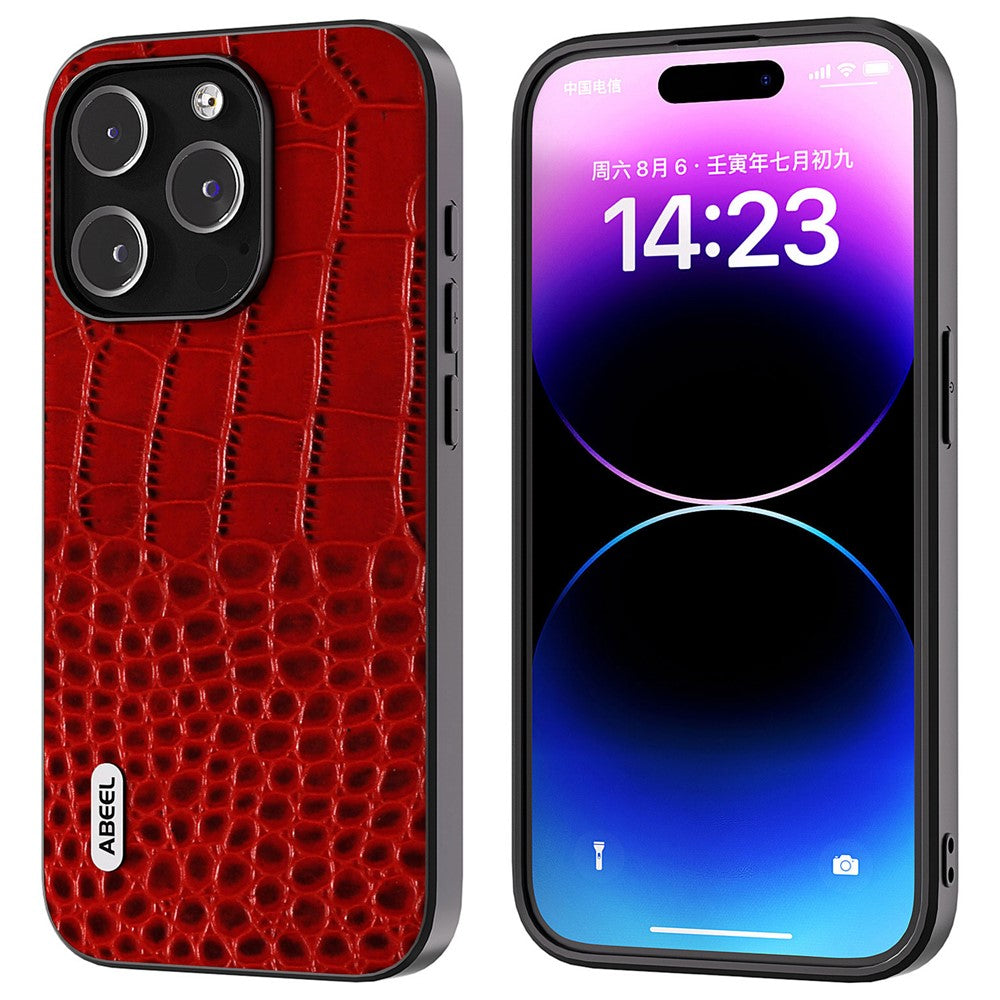 ABEEL For iPhone 15 Pro Max Phone Case Genuine Cow Leather+PC+TPU Crocodile Texture Cover
