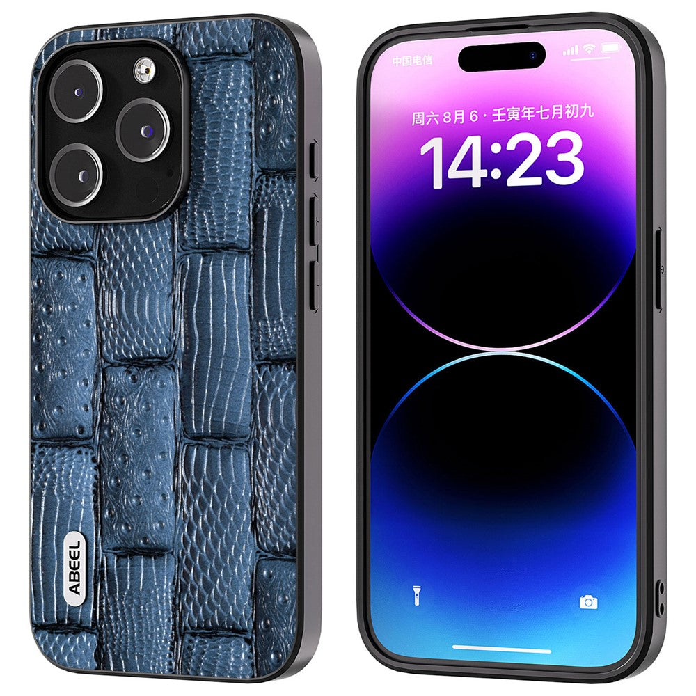 ABEEL For iPhone 15 Pro Max Shockproof Cover Genuine Cow Leather+PC+TPU Mahjong Texture Phone Case