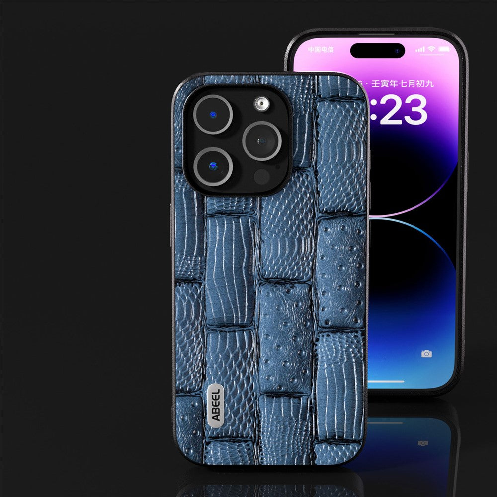 ABEEL For iPhone 15 Pro Max Shockproof Cover Genuine Cow Leather+PC+TPU Mahjong Texture Phone Case