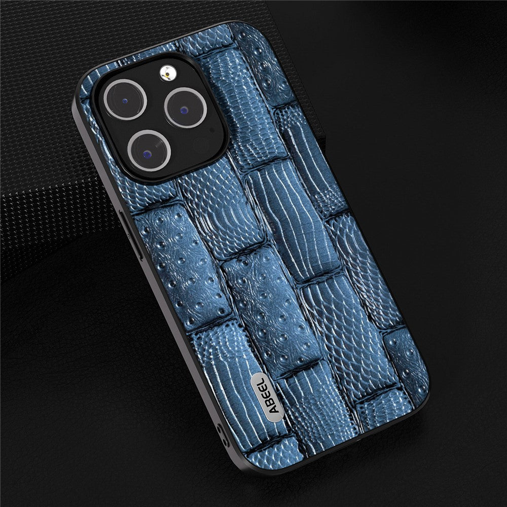 ABEEL For iPhone 15 Pro Max Shockproof Cover Genuine Cow Leather+PC+TPU Mahjong Texture Phone Case