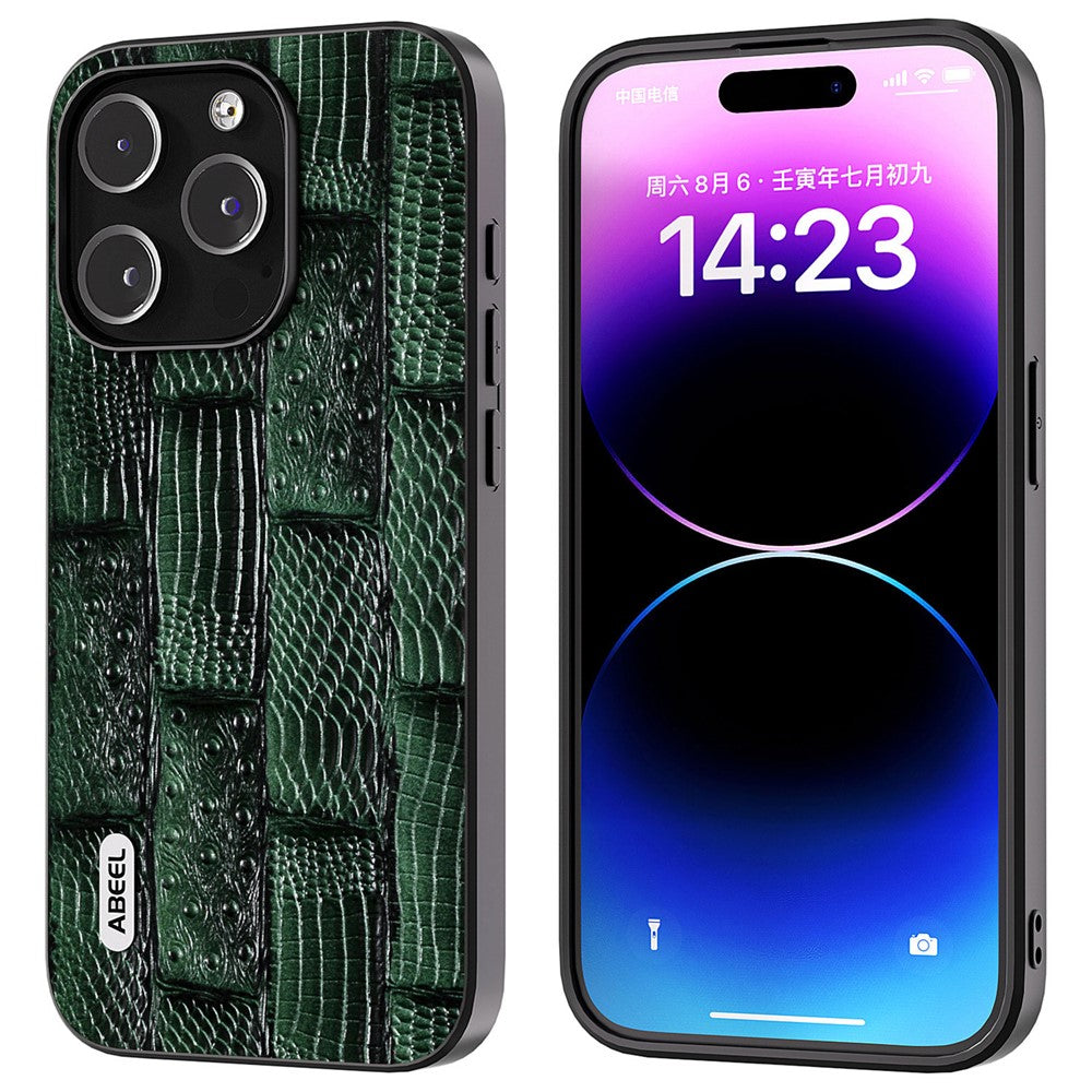 ABEEL For iPhone 15 Pro Max Shockproof Cover Genuine Cow Leather+PC+TPU Mahjong Texture Phone Case
