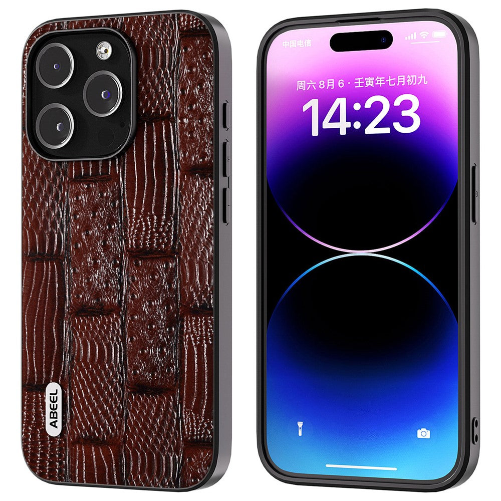 ABEEL For iPhone 15 Pro Max Shockproof Cover Genuine Cow Leather+PC+TPU Mahjong Texture Phone Case