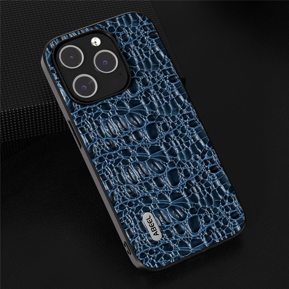 ABEEL For iPhone 15 Pro Max Back Phone Case Genuine Cow Leather+PC+TPU Slim Cover