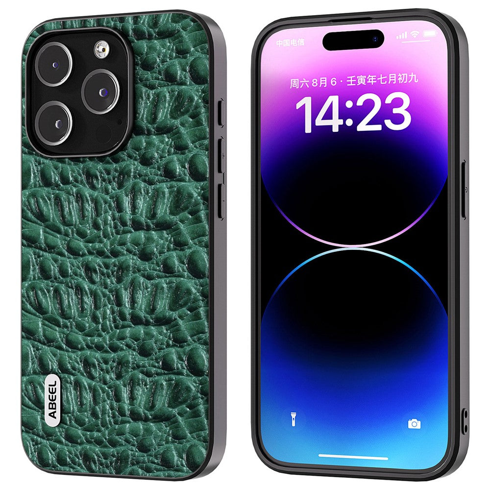 ABEEL For iPhone 15 Pro Max Back Phone Case Genuine Cow Leather+PC+TPU Slim Cover