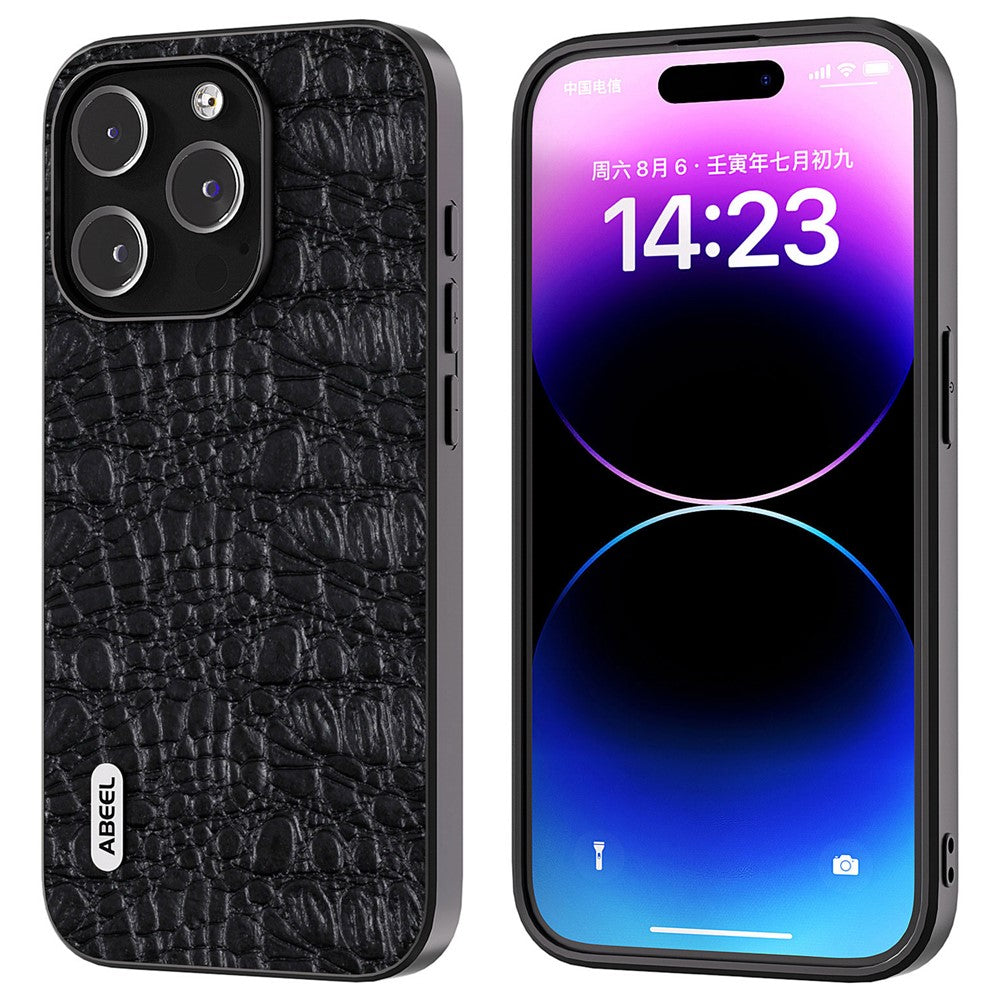 ABEEL For iPhone 15 Pro Max Back Phone Case Genuine Cow Leather+PC+TPU Slim Cover