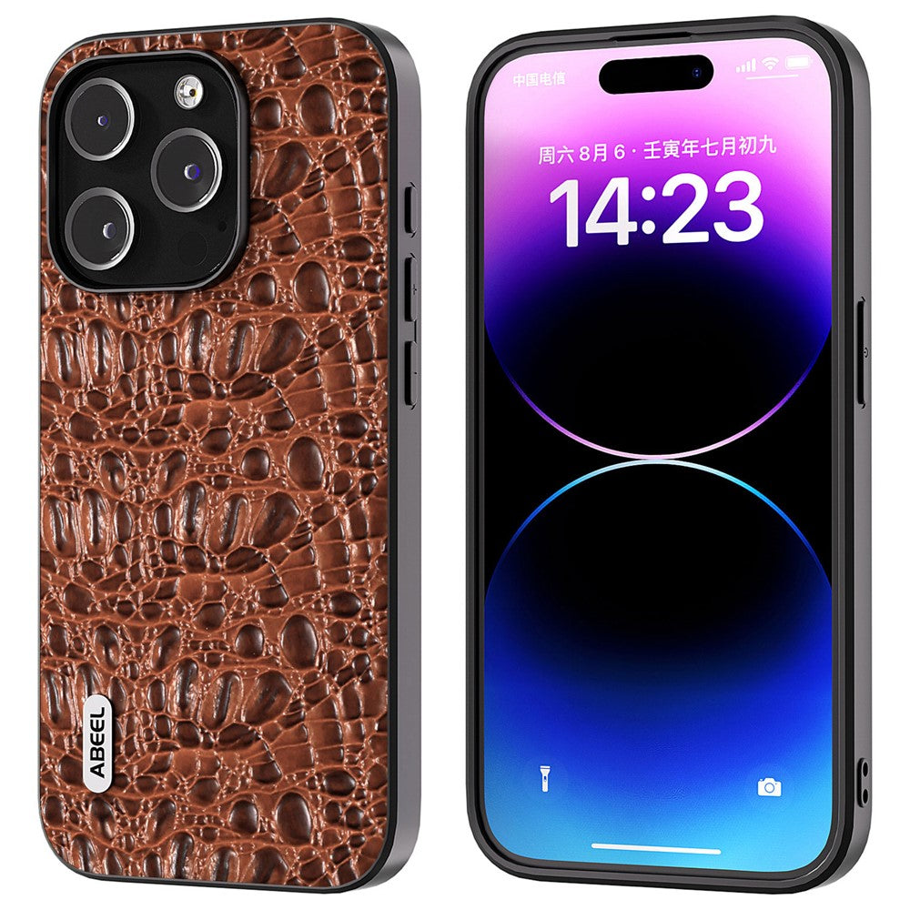 ABEEL For iPhone 15 Pro Max Back Phone Case Genuine Cow Leather+PC+TPU Slim Cover