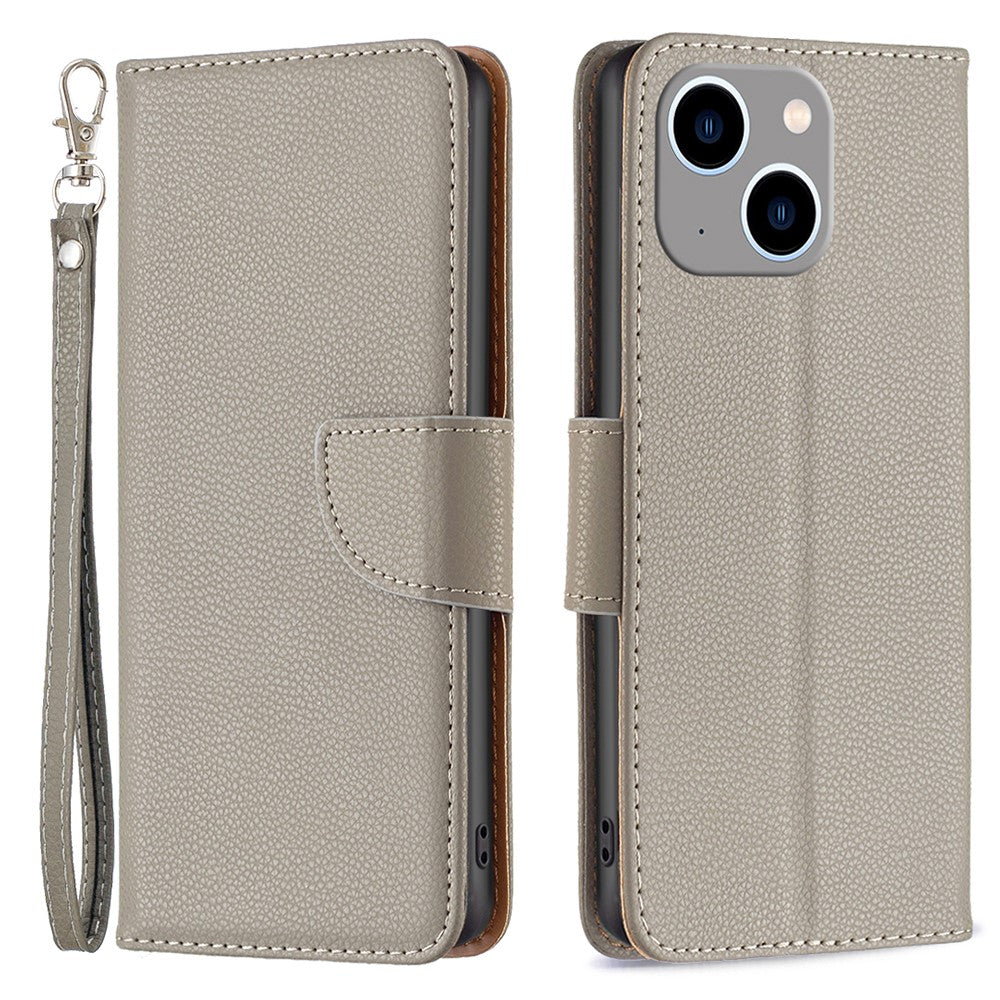 Til iPhone 15 Plus Pung-etui med Håndledsrem Litchi Tekstur Læder Telefon Stand Cover