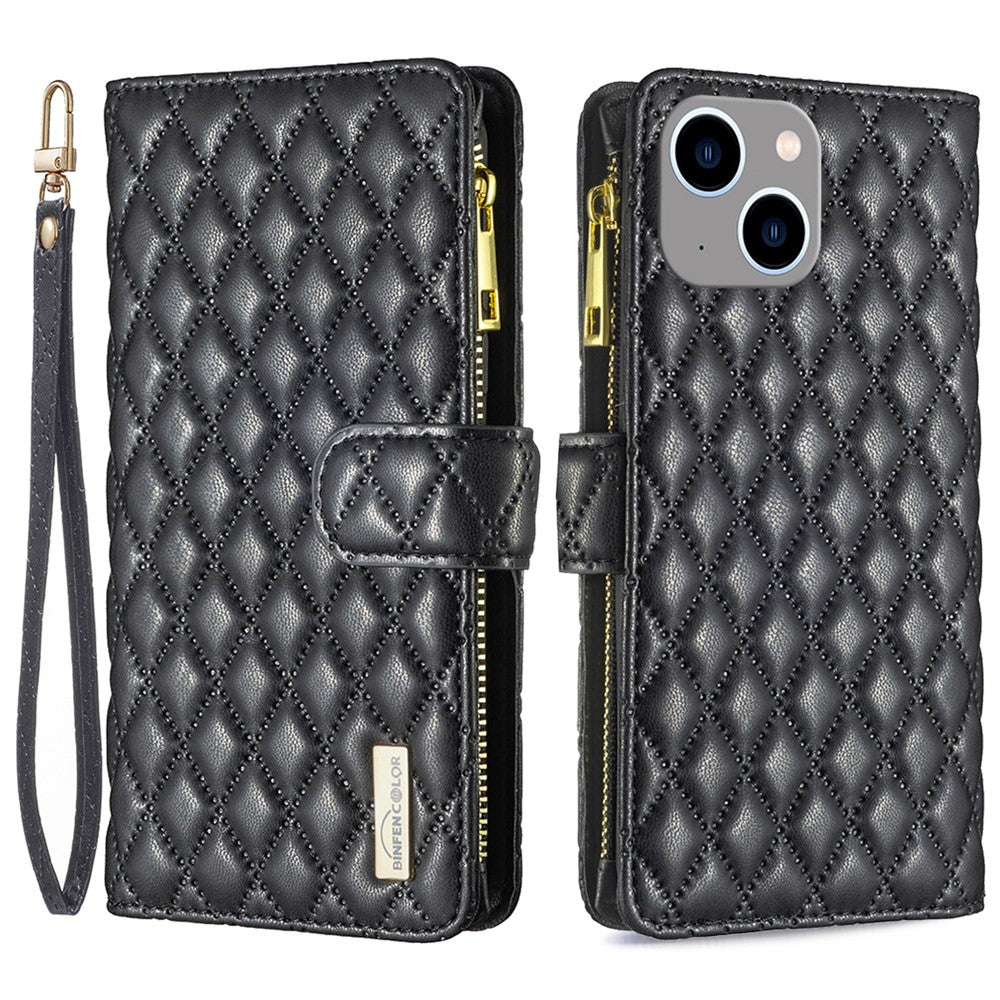 BINFEN COLOR BF Style-15 For iPhone 15 Wallet Phone Stand Shell Flip Case Zipper Pocket Leather Cover