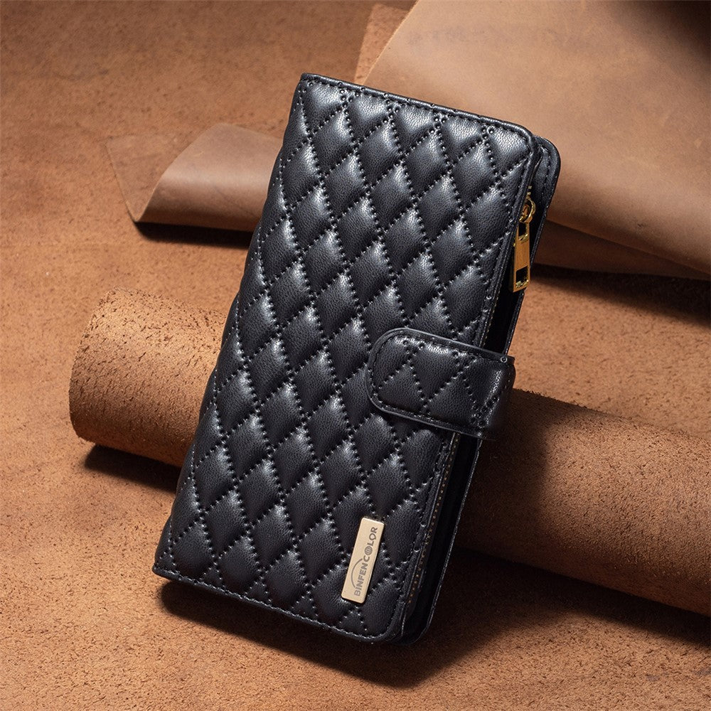 BINFEN COLOR BF Style-15 For iPhone 15 Wallet Phone Stand Shell Flip Case Zipper Pocket Leather Cover