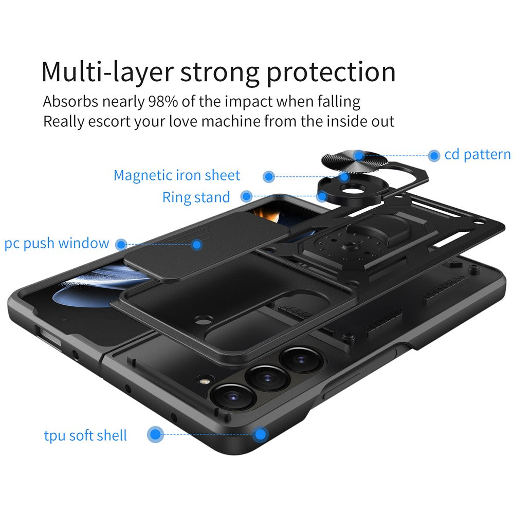 For Samsung Galaxy Z Fold5 5G Kickstand Phone Cover PC+TPU Case with Slide Lens Protector