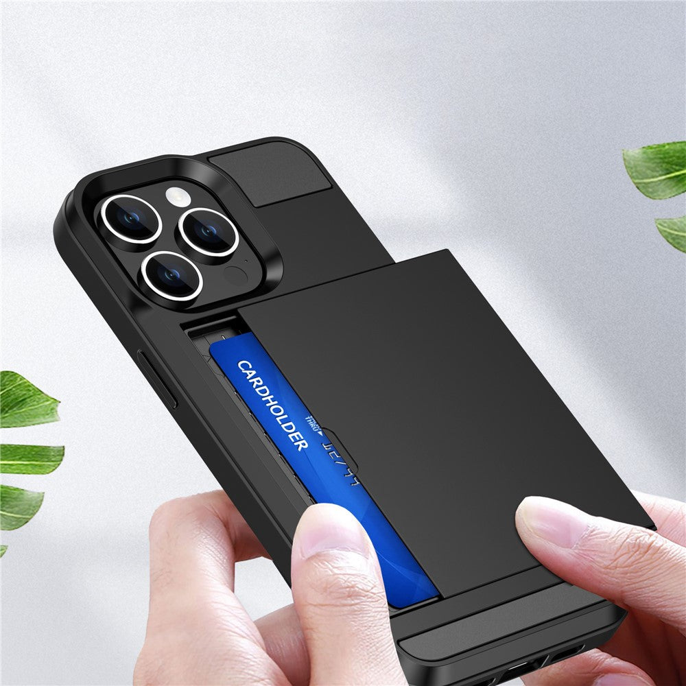 PC + TPU Phone Cover for iPhone 15 , Sliding Card Holder Anti-scratch Back Case