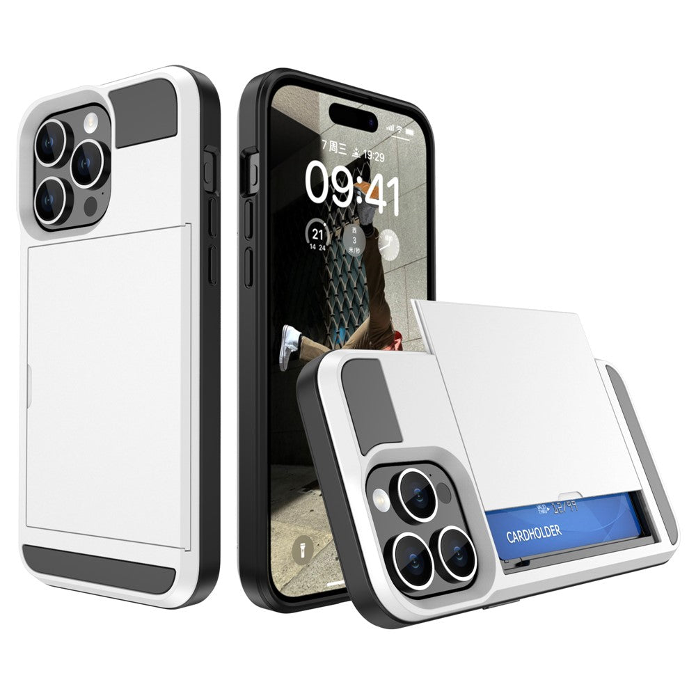 PC + TPU Phone Cover for iPhone 15 , Sliding Card Holder Anti-scratch Back Case