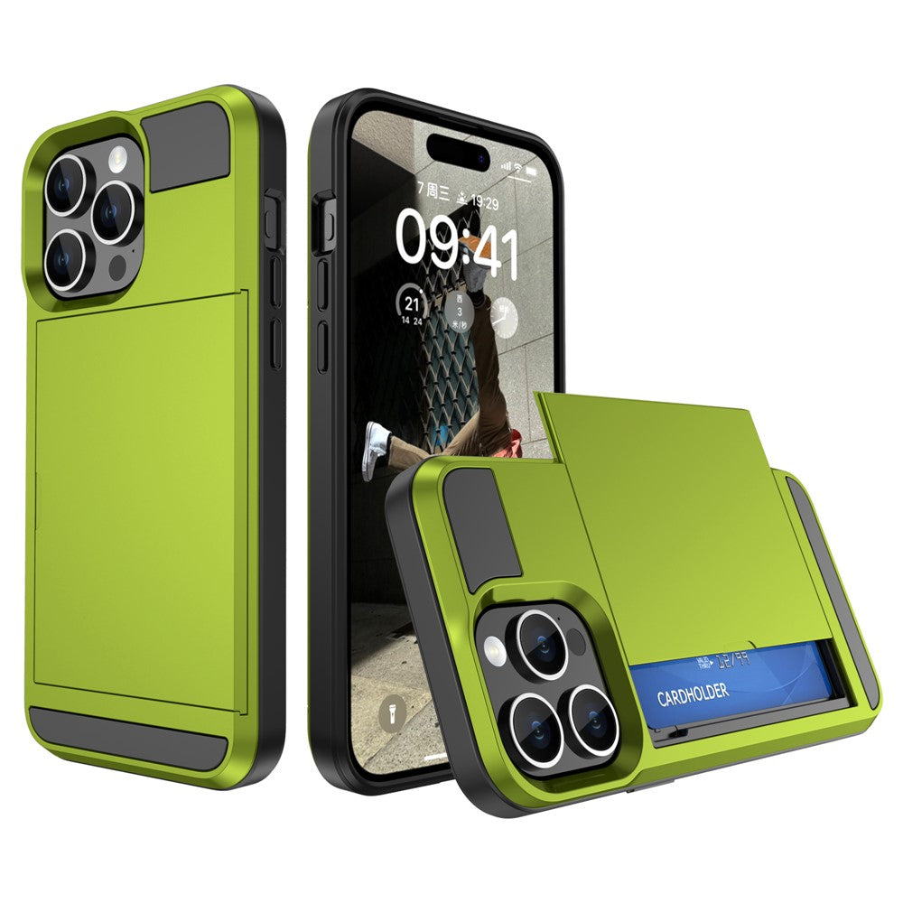For iPhone 15 Pro Max PC+TPU Phone Cover Sliding Card Holder Anti-drop Back Case