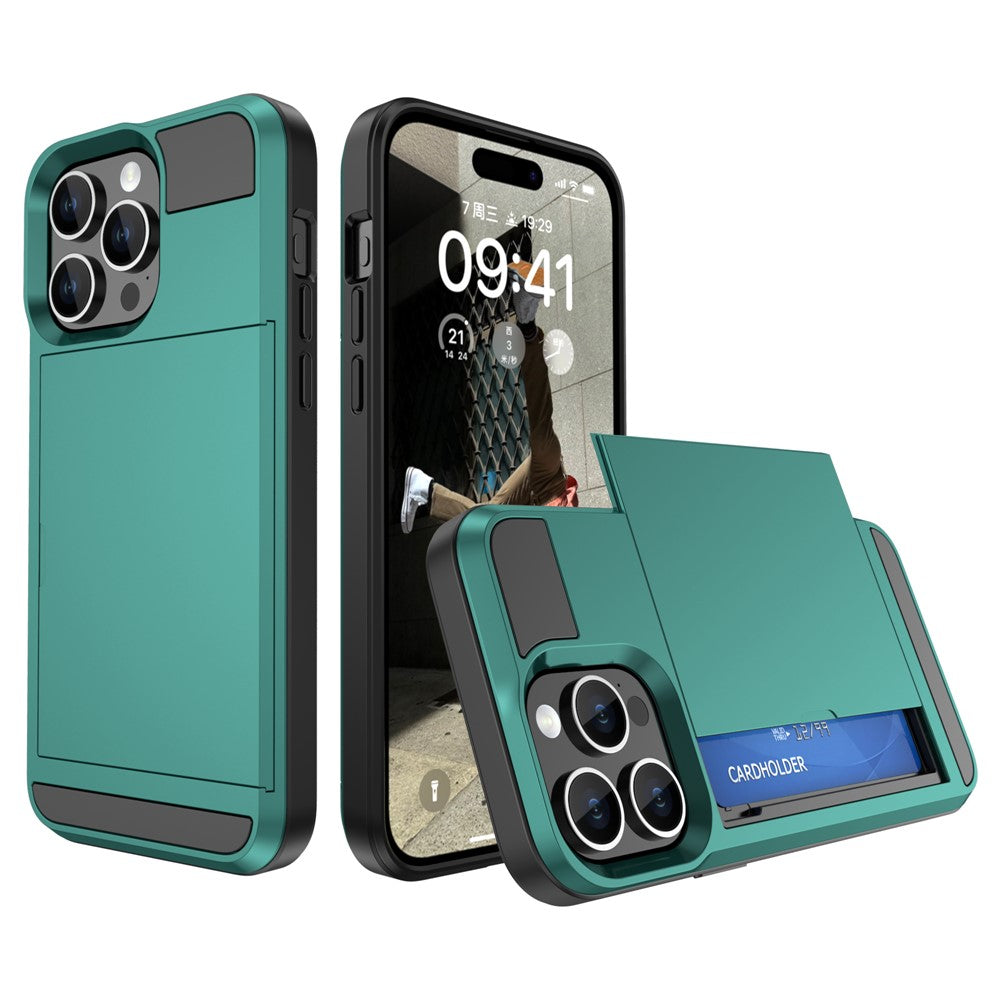 For iPhone 15 Pro Max PC+TPU Phone Cover Sliding Card Holder Anti-drop Back Case