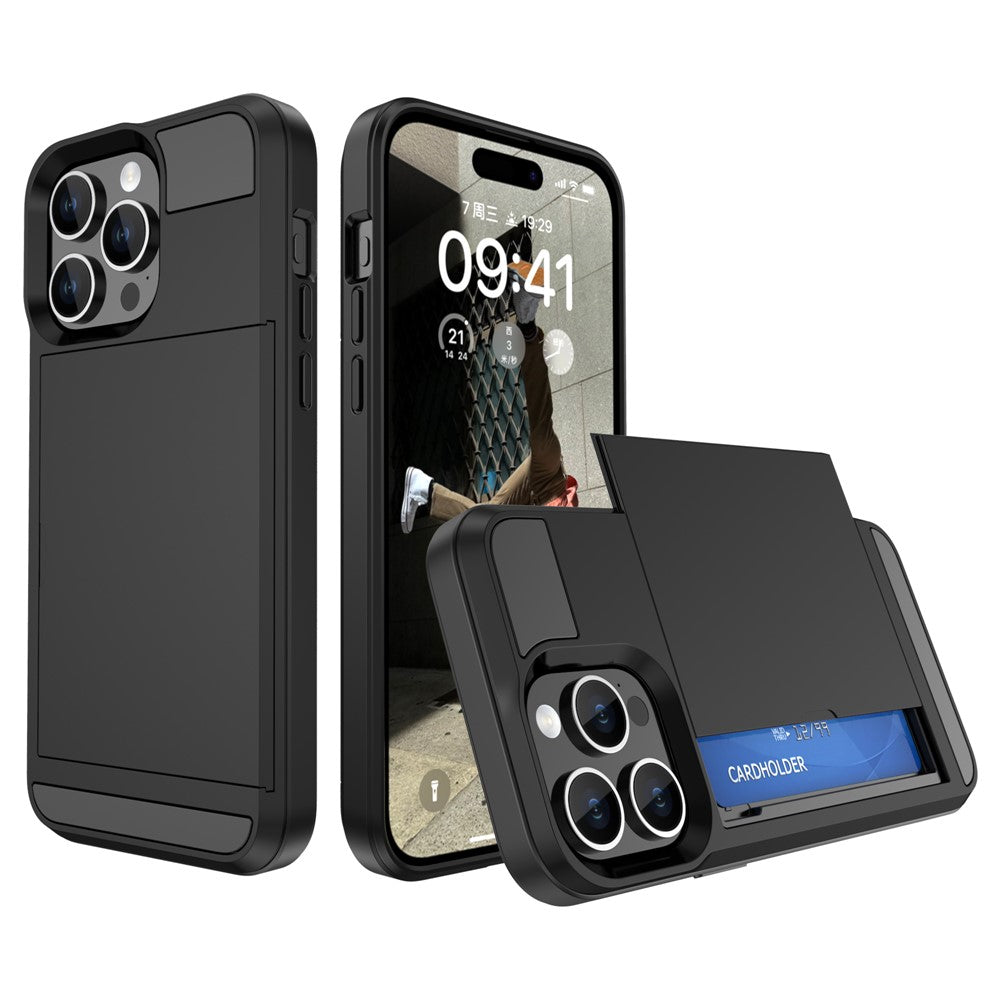 Til iPhone 15 Pro Skydbart Kortholder Cover Anti-fald PC+TPU Telefoncover