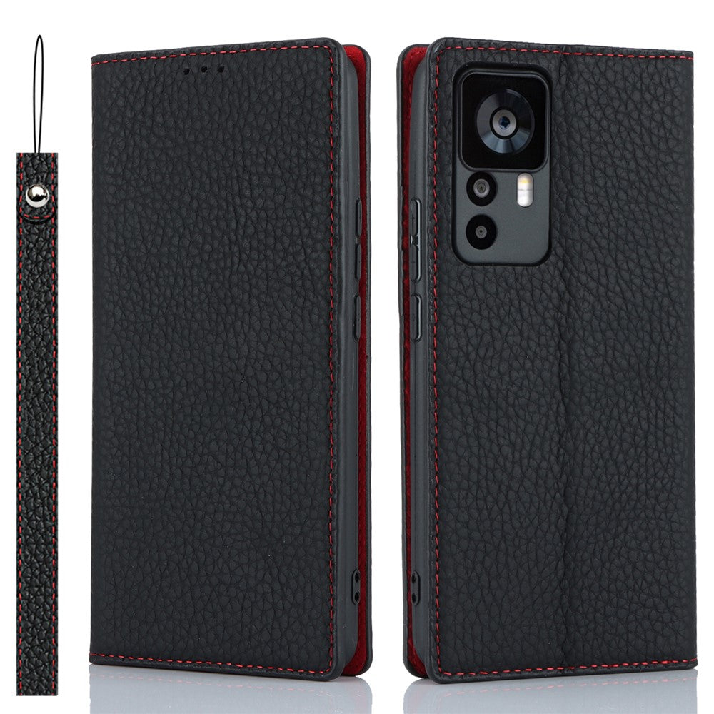 Pungcover til Xiaomi 12T 5G / 12T Pro 5G / Redmi K50 Ultra, mobilcover i ægte okselæder med litchitekstur og rem
