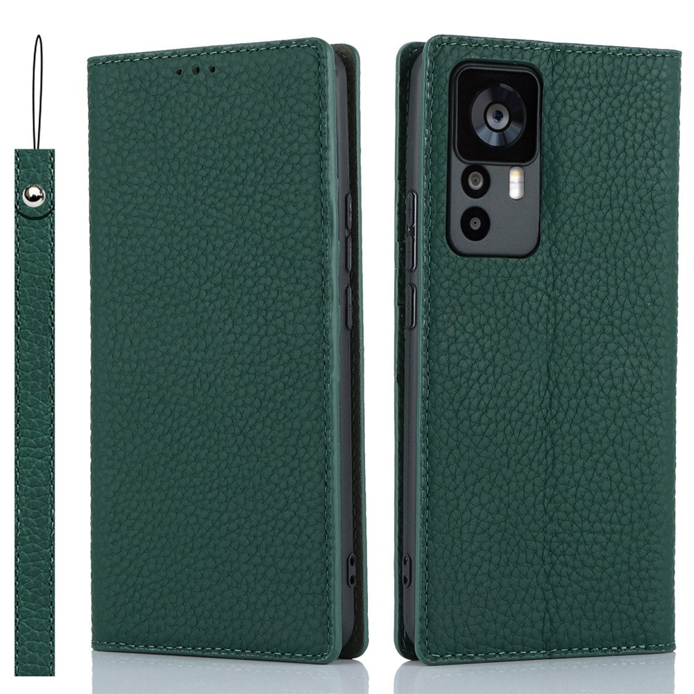 Pungcover til Xiaomi 12T 5G / 12T Pro 5G / Redmi K50 Ultra, mobilcover i ægte okselæder med litchitekstur og rem