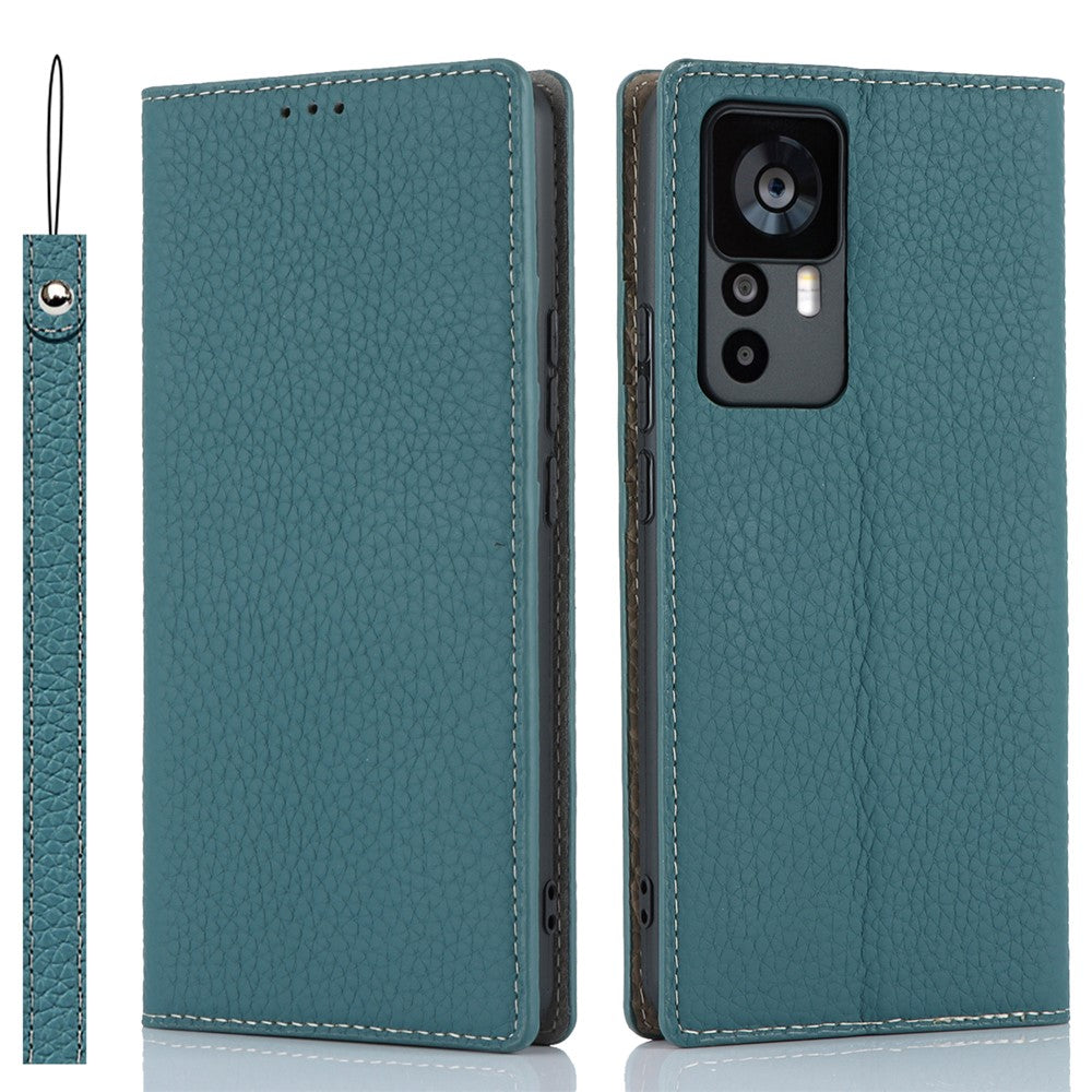 Pungcover til Xiaomi 12T 5G / 12T Pro 5G / Redmi K50 Ultra, mobilcover i ægte okselæder med litchitekstur og rem