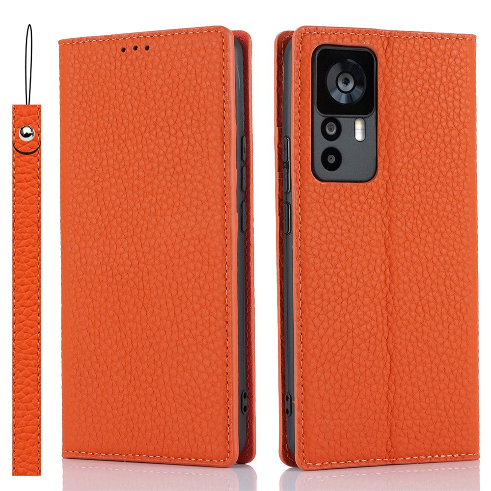 Pungcover til Xiaomi 12T 5G / 12T Pro 5G / Redmi K50 Ultra, mobilcover i ægte okselæder med litchitekstur og rem
