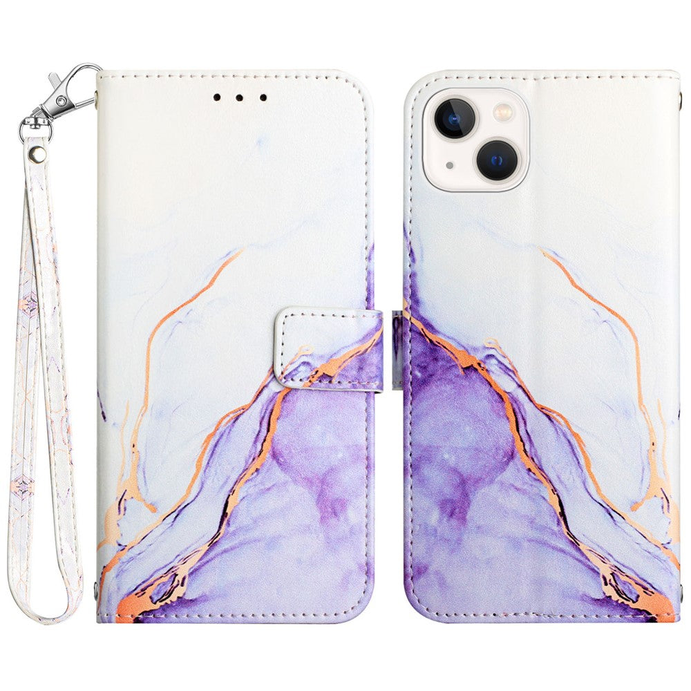 For iPhone 15 Plus Case with Strap Marble Pattern Leather Phone Cover Card Holder