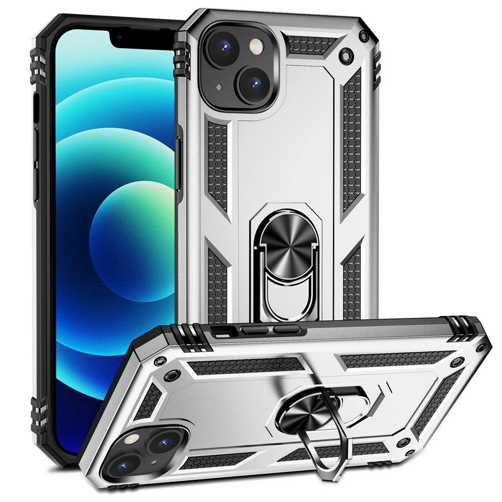 Til iPhone 15 Plus Kickstand Telefoncover PC+TPU Cover med Indbygget Magnetisk Holder Metalplade