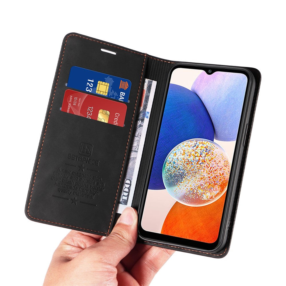 BETOPNICE 003 För Samsung Galaxy A14 4G / 5G mobilstativ Stötsäker Plånbok RFID-blockerande PU-läderfodral