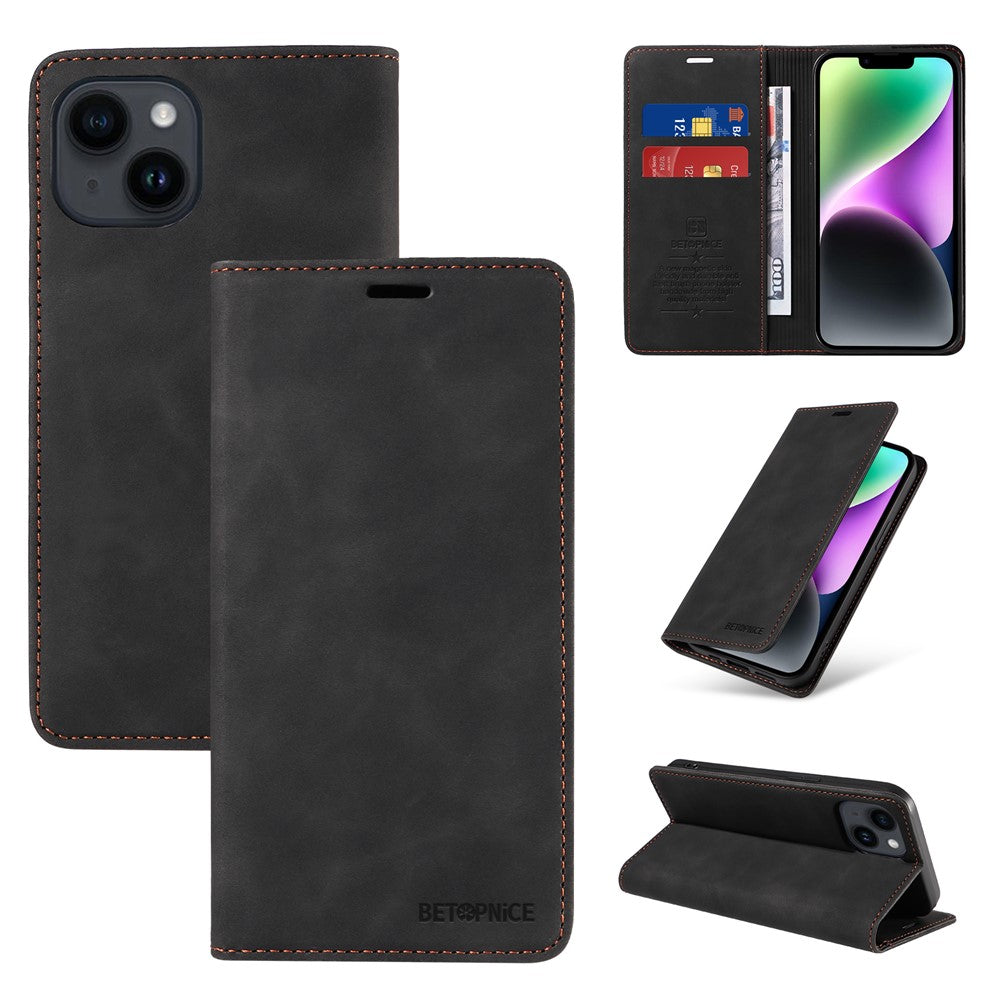 BETOPNICE 003 For iPhone 15 Phone Case RFID Blocking PU Leather Stand Cover Wallet