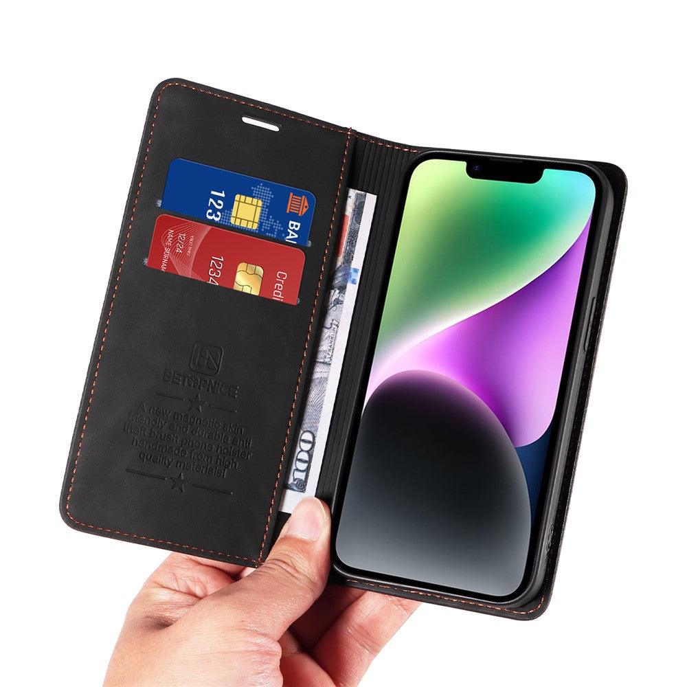 BETOPNICE 003 For iPhone 15 Phone Case RFID Blocking PU Leather Stand Cover Wallet