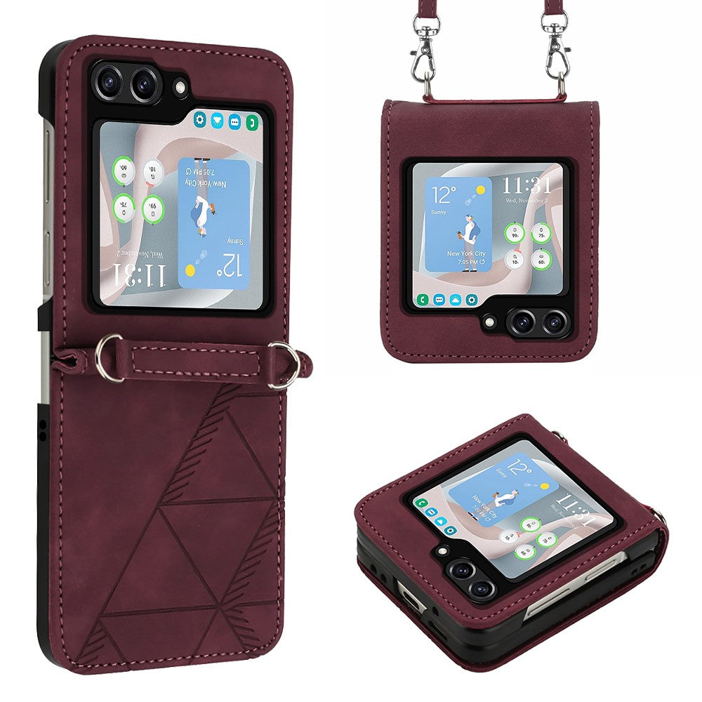Til Samsung Galaxy Z Flip5 5G lædercover med skulderrem, pung og telefonstativ