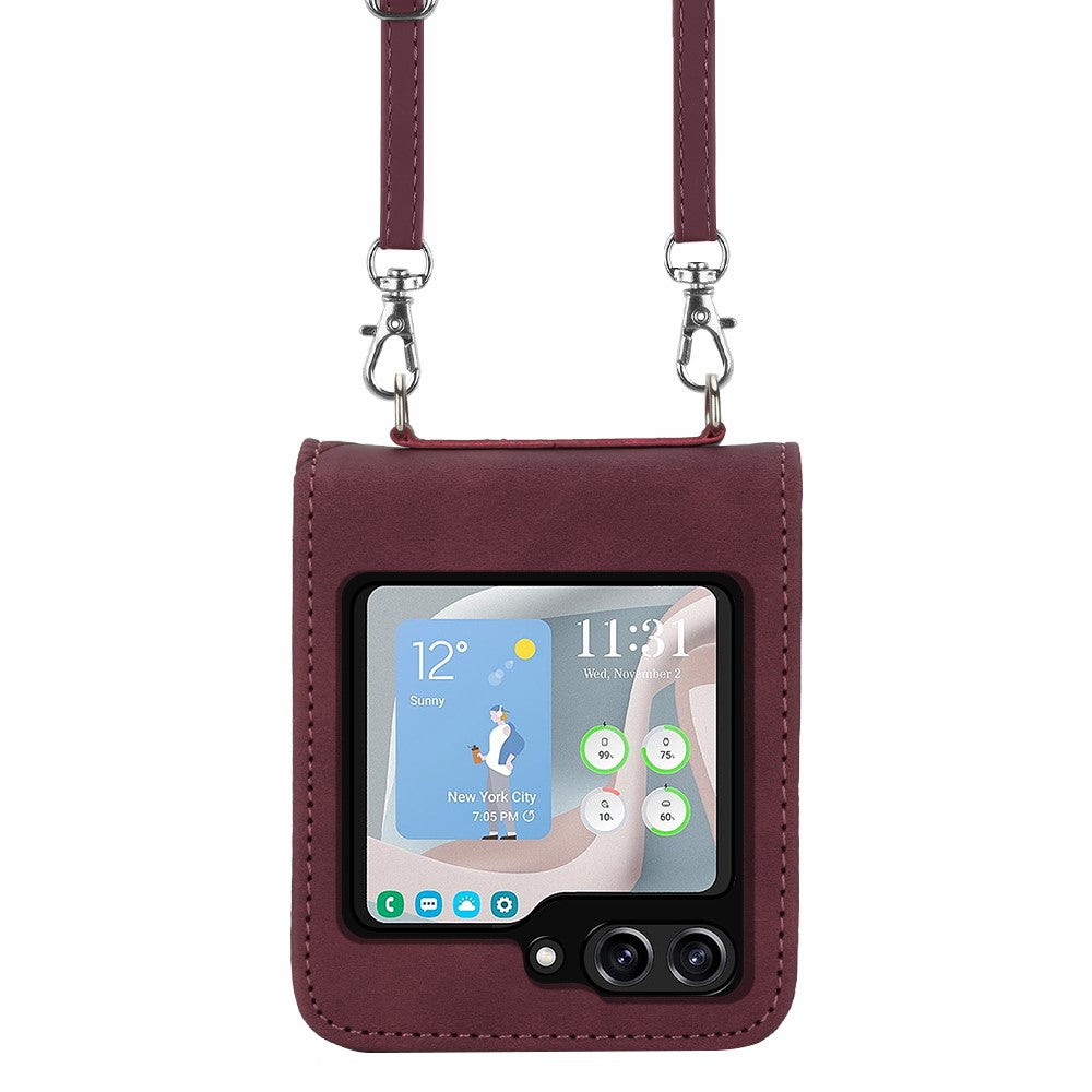Til Samsung Galaxy Z Flip5 5G lædercover med skulderrem, pung og telefonstativ