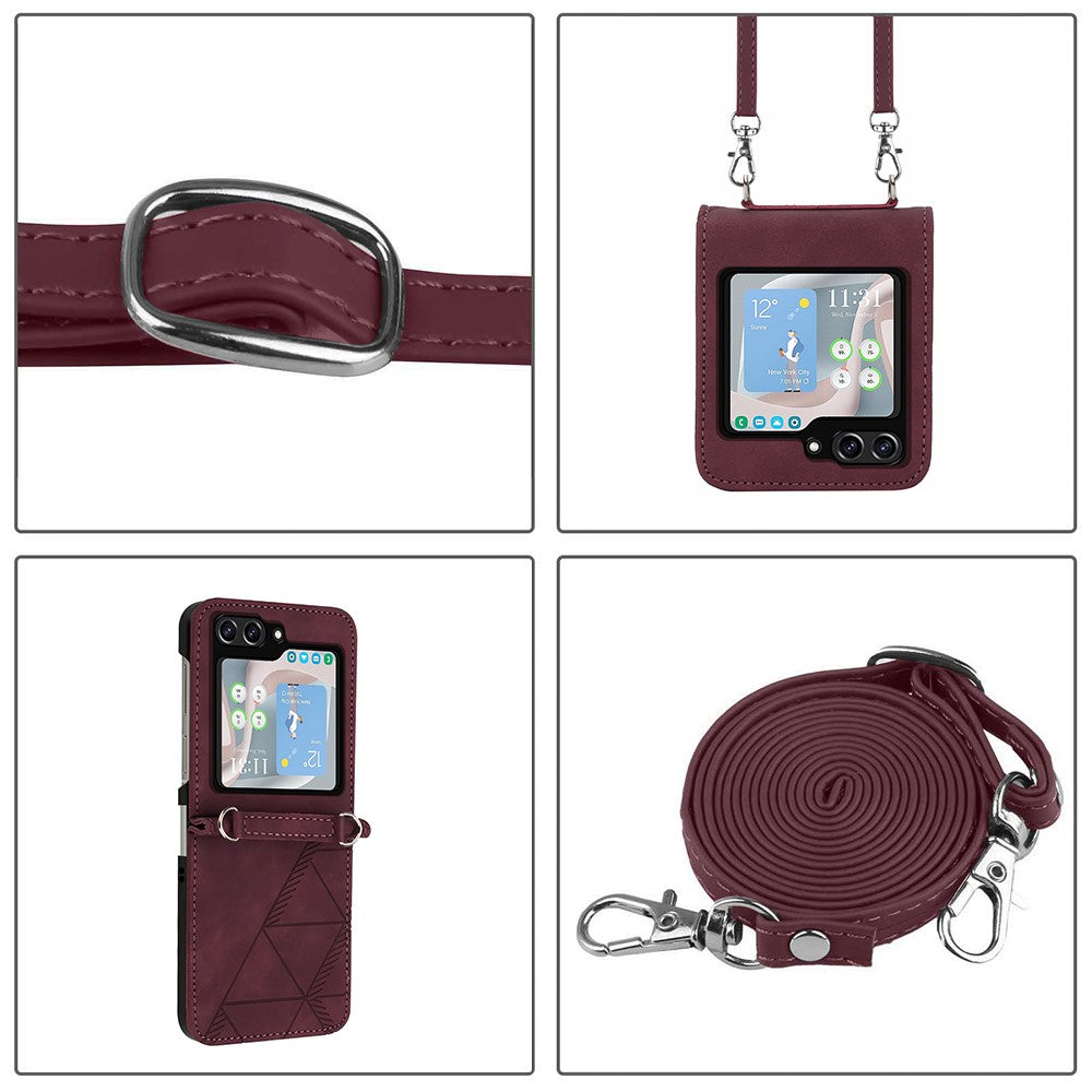 Til Samsung Galaxy Z Flip5 5G lædercover med skulderrem, pung og telefonstativ