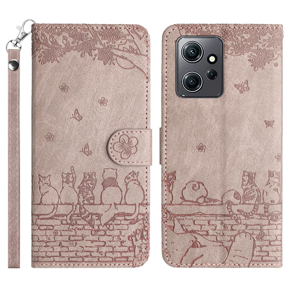 For Xiaomi Redmi Note 12 4G Stand Wallet Case Wall Cats Imprinted PU Leather Phone Cover with Strap