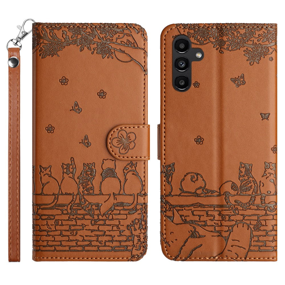 Stand Wallet Phone Leather Cover for Samsung Galaxy A54 5G , Imprinted Wall Cats Phone Case with Strap
