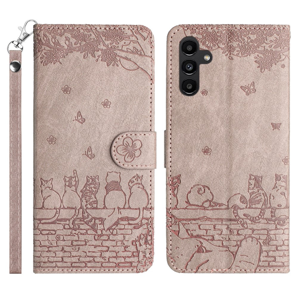 Stand Wallet Phone Leather Cover for Samsung Galaxy A54 5G , Imprinted Wall Cats Phone Case with Strap