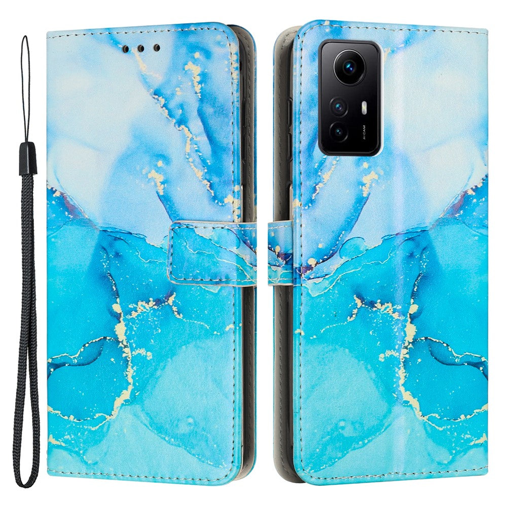 Xiaomi Redmi Note 12S 4G-pungetui med marmormønster i PU-læder, stativ og håndledsrem