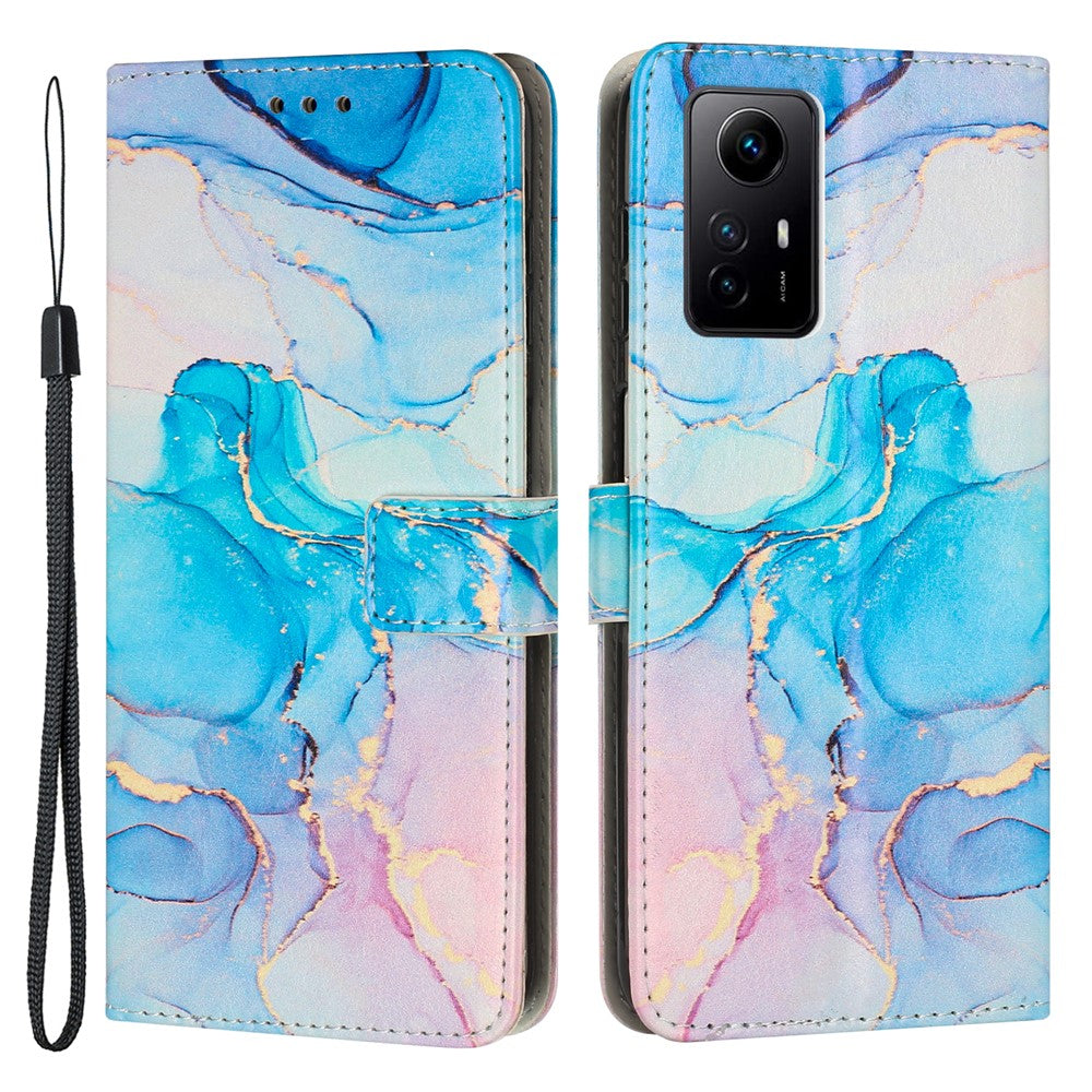 Xiaomi Redmi Note 12S 4G-pungetui med marmormønster i PU-læder, stativ og håndledsrem