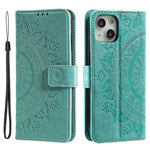 For iPhone 15 Plus Mandala Flower Imprint Protective Case PU Leather Wallet Stand Phone Cover with Strap