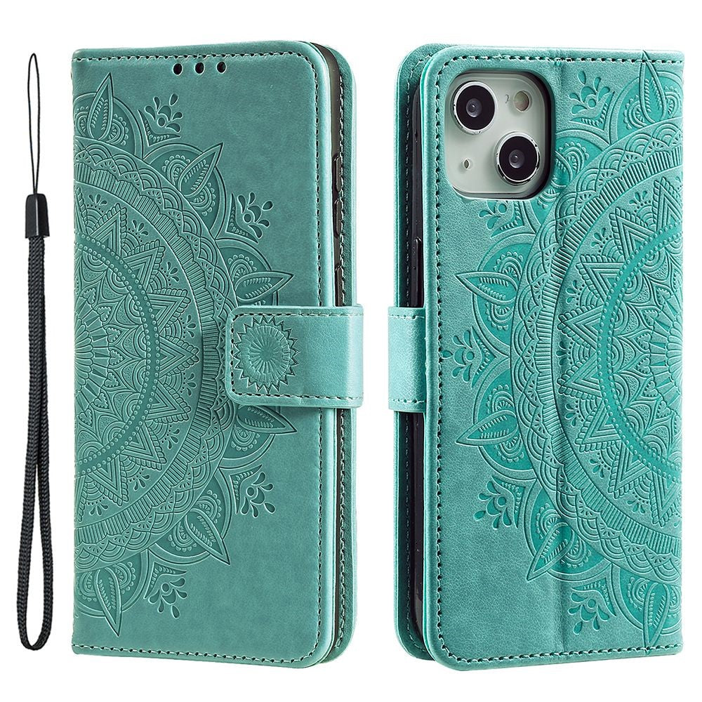 For iPhone 15 Plus Mandala Flower Imprint Protective Case PU Leather Wallet Stand Phone Cover with Strap