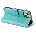 For iPhone 15 Plus Mandala Flower Imprint Protective Case PU Leather Wallet Stand Phone Cover with Strap