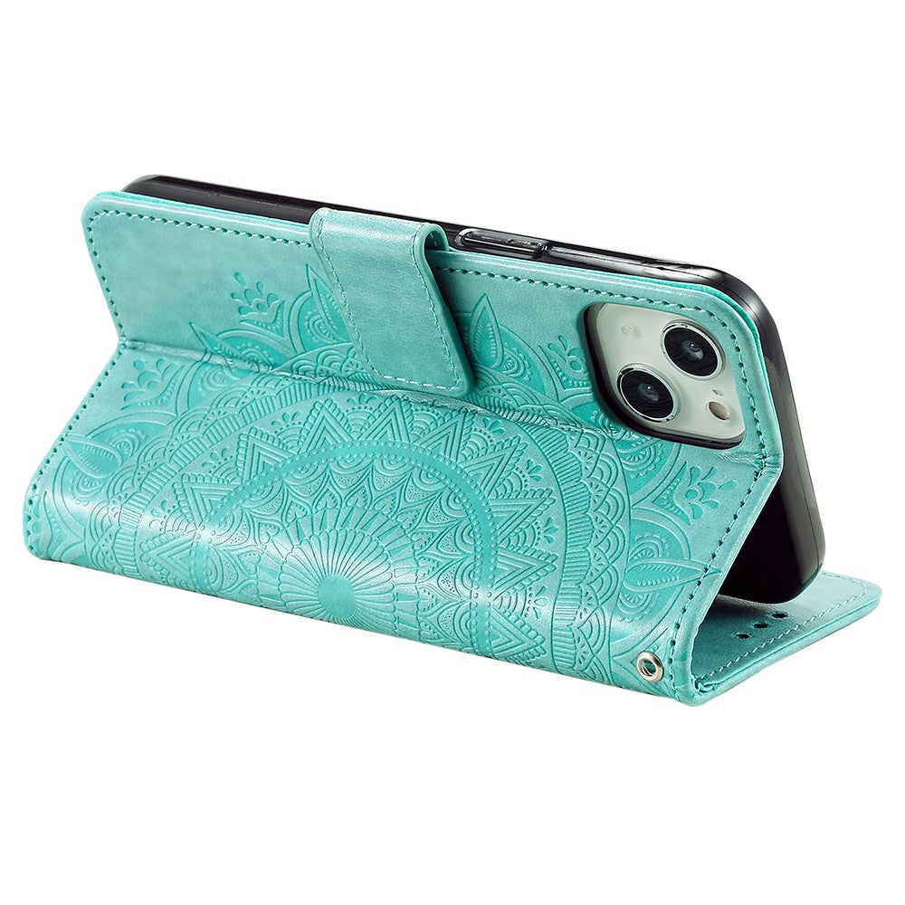 For iPhone 15 Plus Mandala Flower Imprint Protective Case PU Leather Wallet Stand Phone Cover with Strap