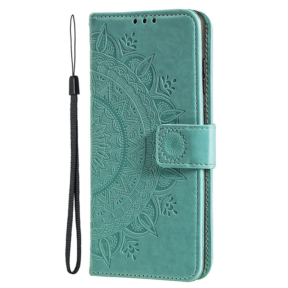 For iPhone 15 Plus Mandala Flower Imprint Protective Case PU Leather Wallet Stand Phone Cover with Strap
