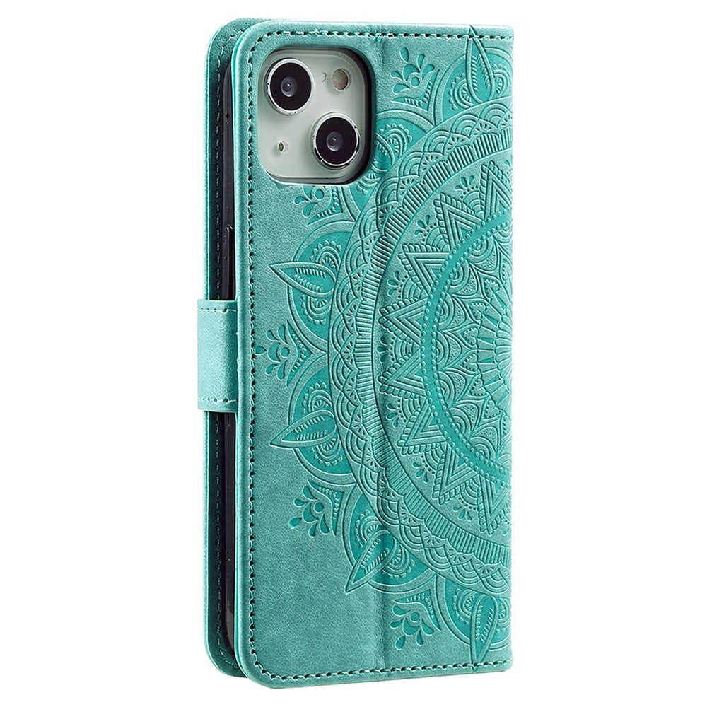 For iPhone 15 Plus Mandala Flower Imprint Protective Case PU Leather Wallet Stand Phone Cover with Strap