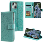 For iPhone 15 Plus Mandala Flower Imprint Protective Case PU Leather Wallet Stand Phone Cover with Strap