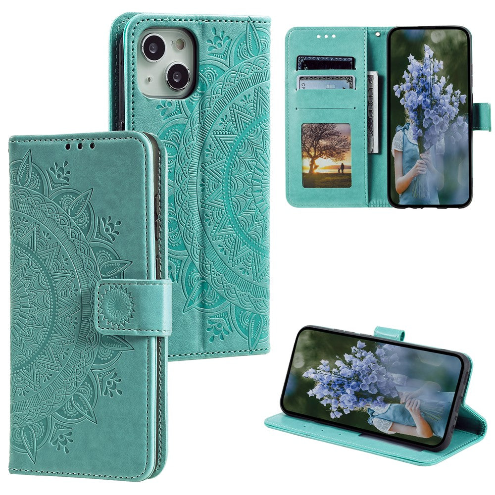 For iPhone 15 Plus Mandala Flower Imprint Protective Case PU Leather Wallet Stand Phone Cover with Strap