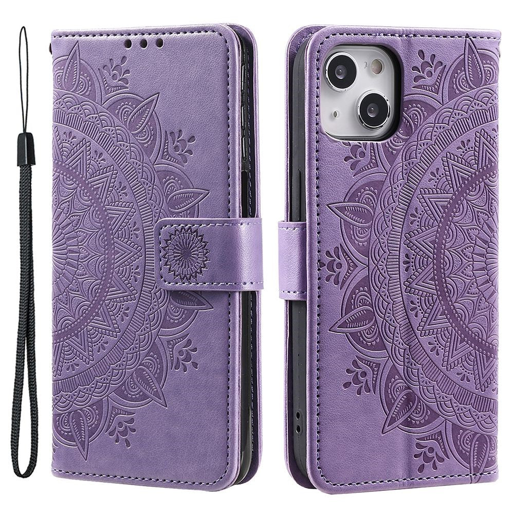 For iPhone 15 Plus Mandala Flower Imprint Protective Case PU Leather Wallet Stand Phone Cover with Strap