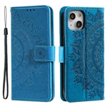 For iPhone 15 Plus Mandala Flower Imprint Protective Case PU Leather Wallet Stand Phone Cover with Strap